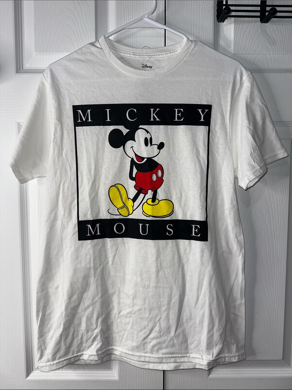 Disney White Mickey Mouse Graphic Tee with Red & Yellow Accents
